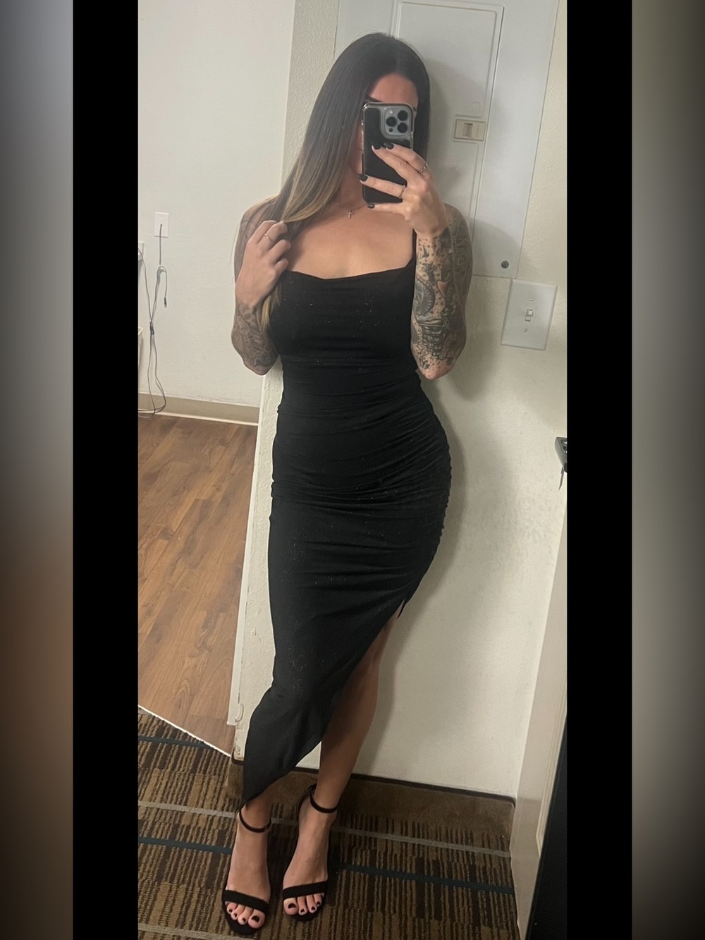Classic Black Ruched Midi Dress with Side Slit